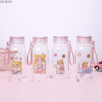 

New 401-500ml Sailor Moon Sakura Glass Bottle Action Figure Printed Cartoon Portable Travel Water Tumbler Luna Cat Drinking Cup