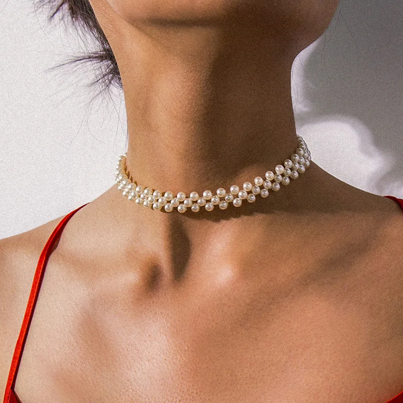 

Short Necklace Collar Chain Geometric Imitation Pearls Ornaments Double layer Temperament Chain Handmade Beaded Round Necklace