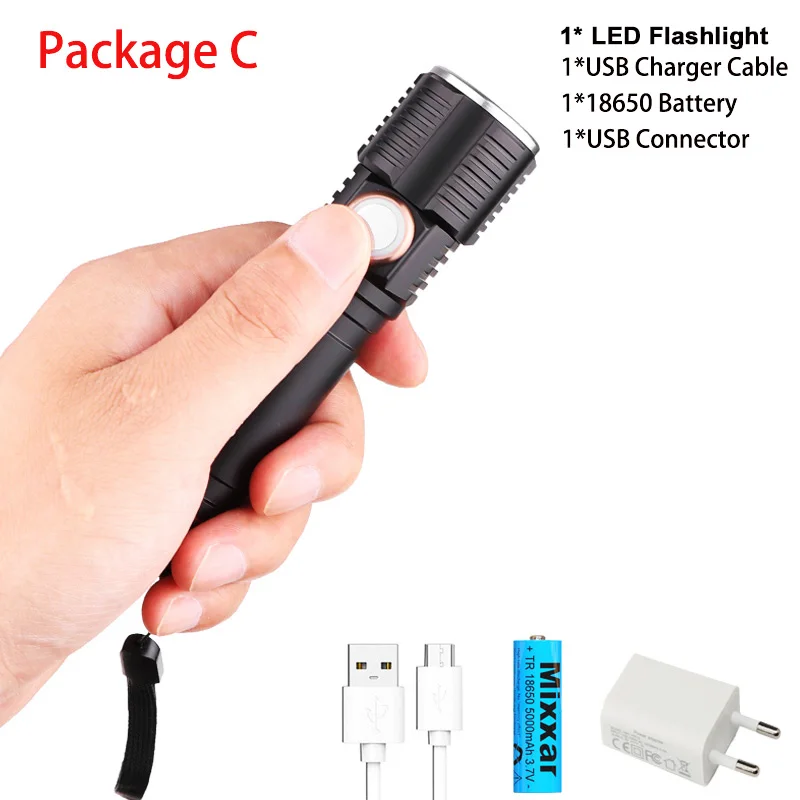 ZK20 Dropshipping 8000LM T6 LED Flashlight Telescopic Zoom USB Charging Touch Switch Portable Flashlights 3 Modes Waterproof - Испускаемый цвет: Package C