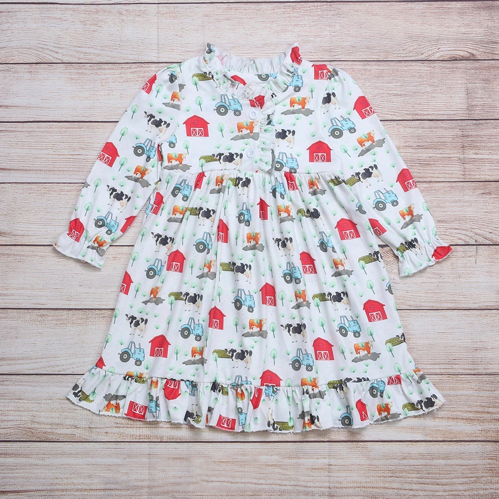 Comfortable Pure Cotton Baby Girl Dress Farm Printed Long Sleeved Children'S Boutique Casual