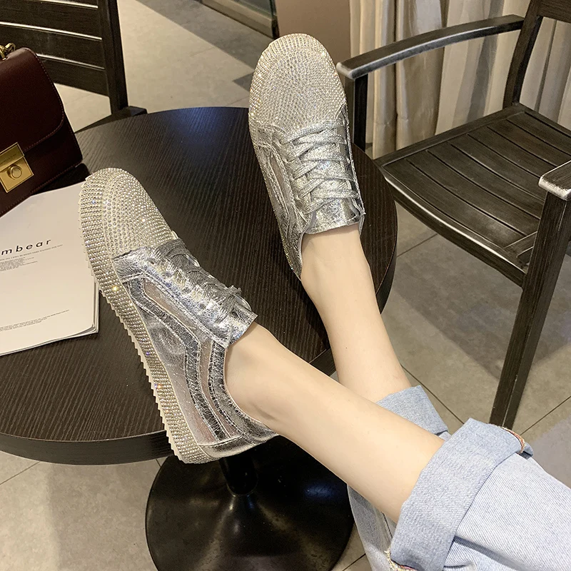 

New Loafers Women Platform Flats Faux Rhinestone Sneakers Lace-up Silver Solid Creepers Mujer Casual Flat Shoes