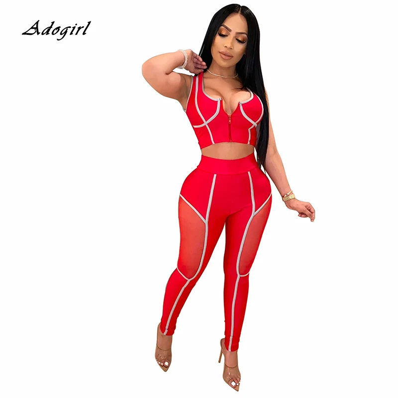 

Women Fitness Two Pieces Set Casual Sport Zipper Tank Crop Top Mesh Patchwork Leggings Striped 2020 Fashion 2 pcs Tracksuits