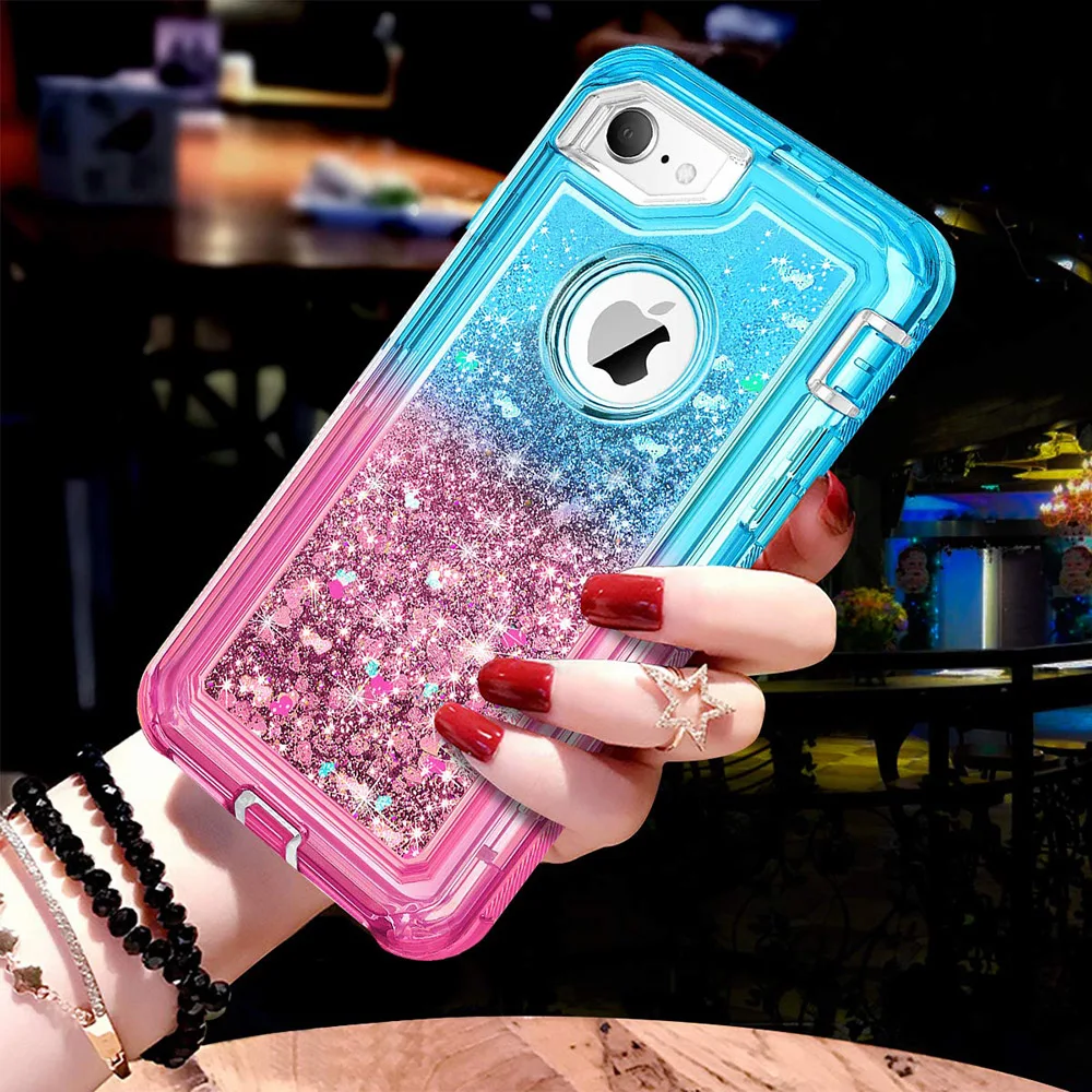

Hybrid 3D Glitter Armor Case for iPhone 8 6 6S 7 Plus X XS Max 11 Pro Max XR Ten Dynamic Quicksand Shockproof Phone Cases Covers