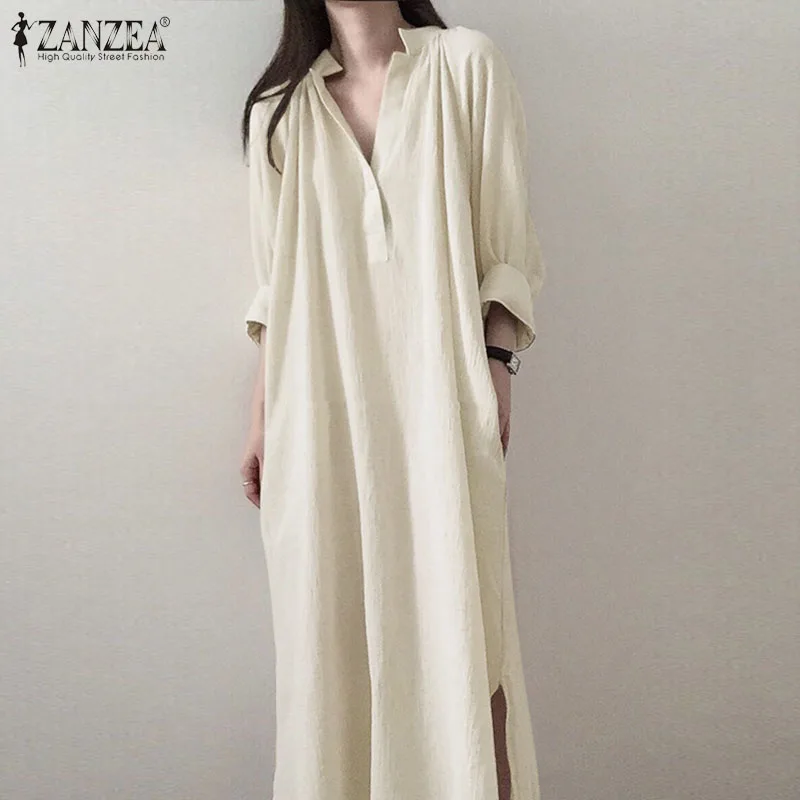 ZANZEA, женское Элегантное Длинное Платье-рубашка с v-образным вырезом, осень 3/4, рукав, хлопок, лен, сарафан, женский, с разрезом, кафтан, платье для работы