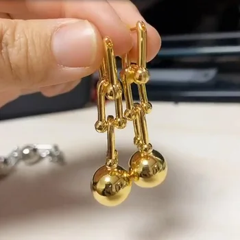 

Top Quality Stainless Steel U Slub Link Style Thick Chain Gold Metal Ball Drop Earrings For Women