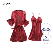 Женский пижамный комплект из 2 предметов, шелковые атласные пижамы, ночная рубашка, ночная рубашка, ночное белье, сексуальная кружевная Пижама, зима-осень
