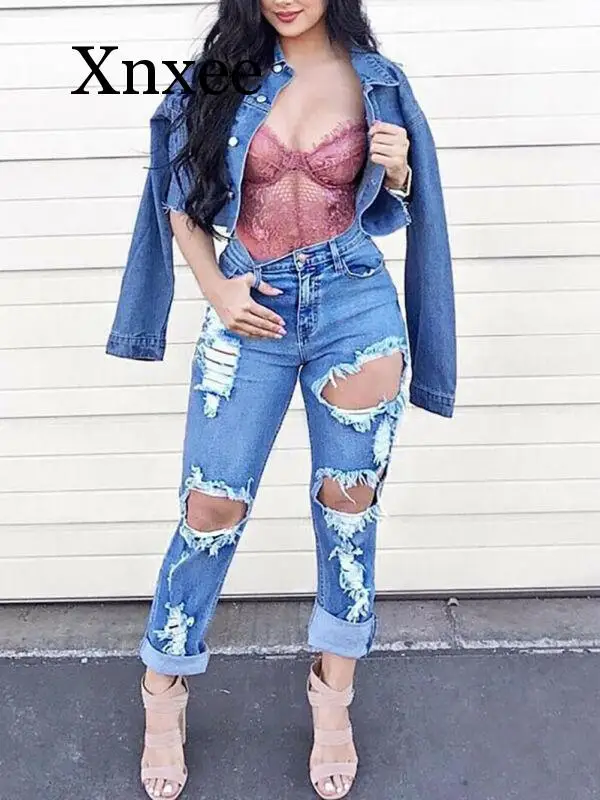 

long pants hole Hot Women High Waisted Ripped Hole Stretchy Slim Skinny Denim Jeans Ladies Jeggings Pants loose blue zipper