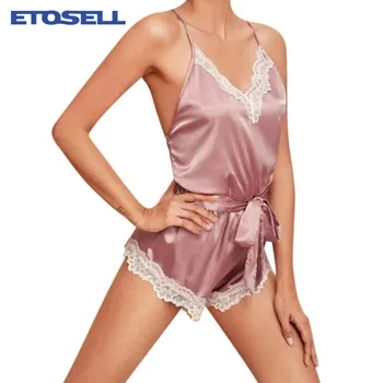 

Sexy Women Romper elegant bodysuits satin pajamas belt playsuit casual holiday mujer jumpsuits comfy nightdress HOT