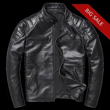 

2020 Black Men Slim Fit Biker's Leather Jacket Plus Size XXXXL Genuine Cowhdie Russian Autumn Motorcycle Leather Coat