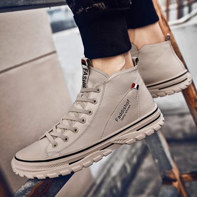 

High State of White Shoes Men's PU Leather White High-top Board Shoe Korean-style Trend Versatile Mid-top Casual Shoe 1960-