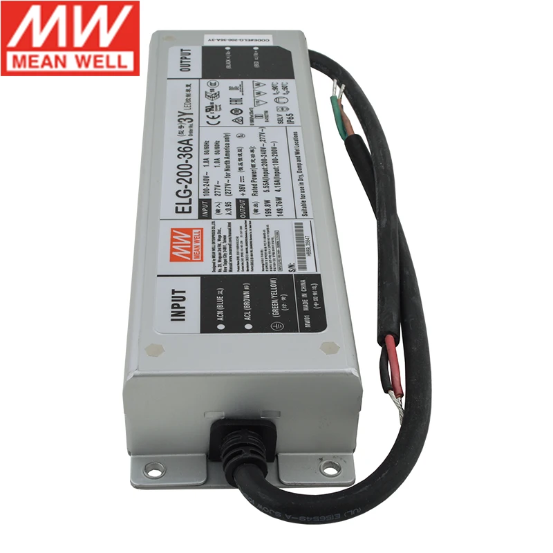 Бренд MEAN WELL представляет ELG-200-36A-3Y 200W 5.55A 36V регулируемый светодиодный Питание 110 V/220 V AC для е-байка 36В DC 200W Водонепроницаемый MeanWell LED Привод