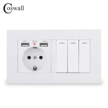 

COSWALL EU Standard Wall Socket Grounded With 2 USB Charge Port Hidden Soft LED + 3 Gang 1 Way On / Off Light Switch PC Panel