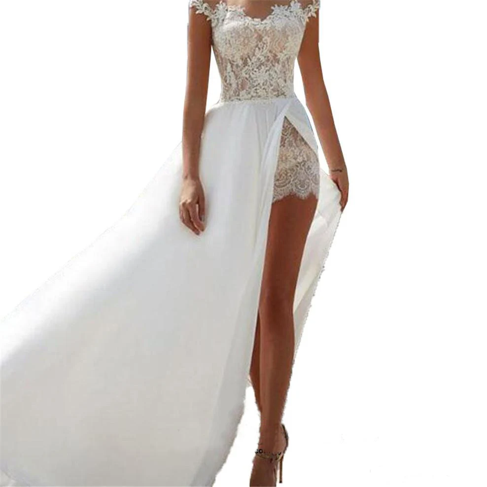 Дешевые пляжные свадебные платья Robe Mariage Винтажный кружевной топ для женщин цвета слоновой кости свадебное платье с разрезом по бокам богемные свадебные платья