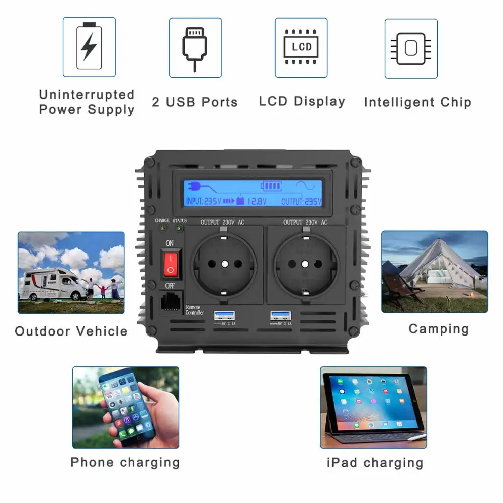 Инвертор с чистым синусоидальным излучением 2500 вт постоянный ток 12 в переменный