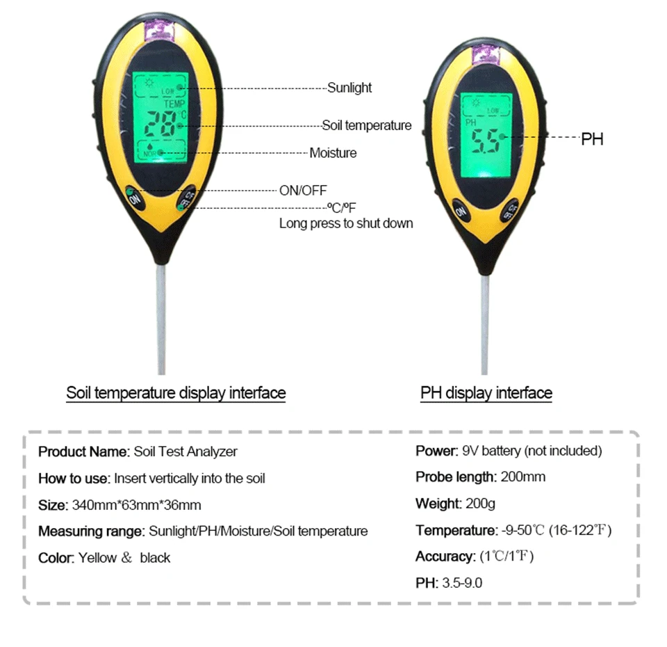 Профессиональный 4 в 1LCD почвенный рН-метр, тестер рН-влажности, измеритель температуры, интенсивности солнечного света, измерение, анализ кислотности почвы