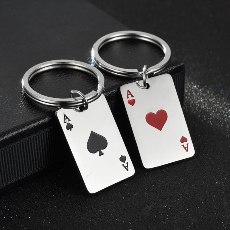 Hearts A Spades A Playing Card Keychain Hip Hop Stainless Steel HeartShaped Playing Card Key