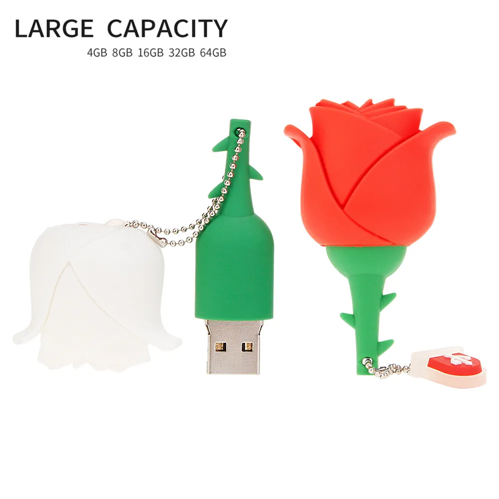 Usb Flash Drive 64GB 32GB Romantic Gift Rose USB 2.0 16GB 8GB 4GB Pen Drive Pendrive Cartoon Flower Memory Stick U Disk 128GB8GB