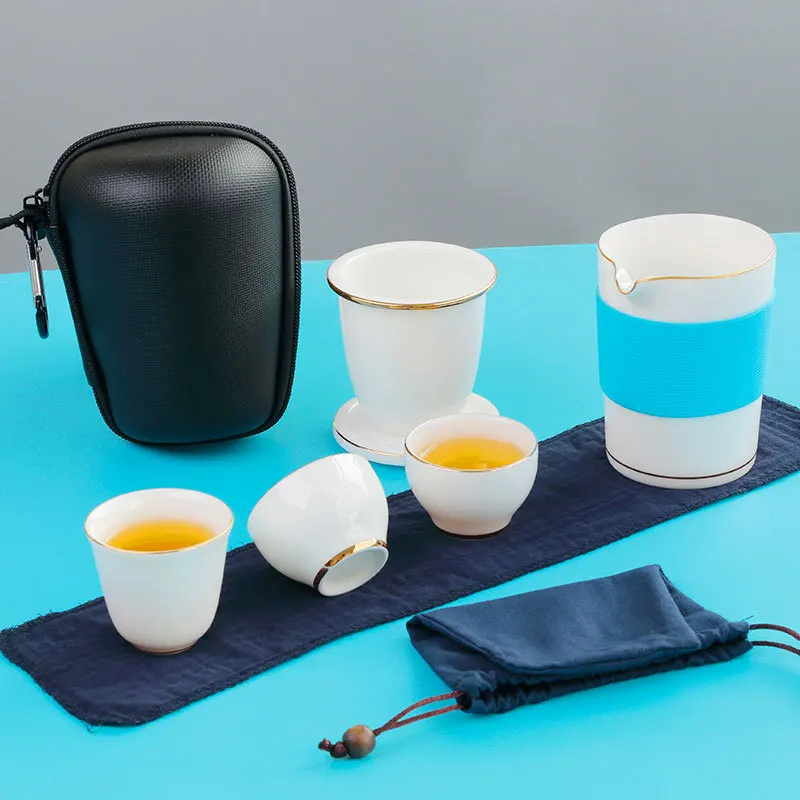 Заварочный чайник gaiwan с 3 чашками для пуэр, набор чайников, портативный дорожный чайный набор, посуда для напитков с дорожным пакетом - Цвет: Outline in gold