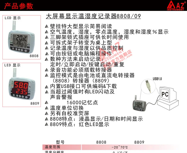 AZ8809 usb Регистратор температуры светодиодный дисплей, фиксатор температуры, гигротермограф регистратор данных влажности температура влажность