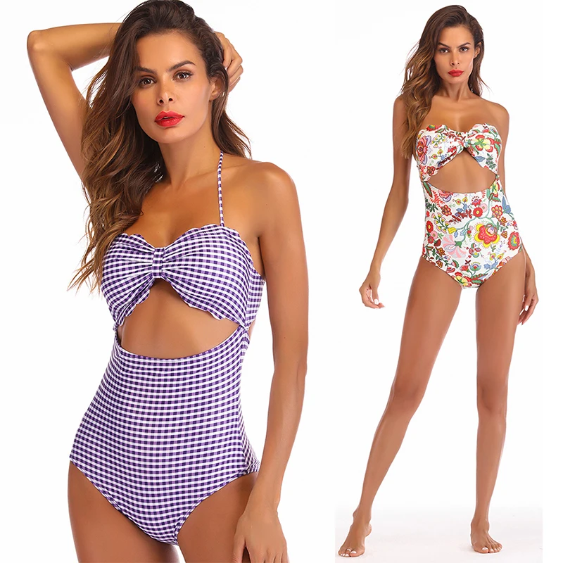 

Bikini 2019 Women Halter One Piece Bandage Bikini Floral & Plaid Print Push Up Monokini Swimsuit Bathing Suit Swimwear Set