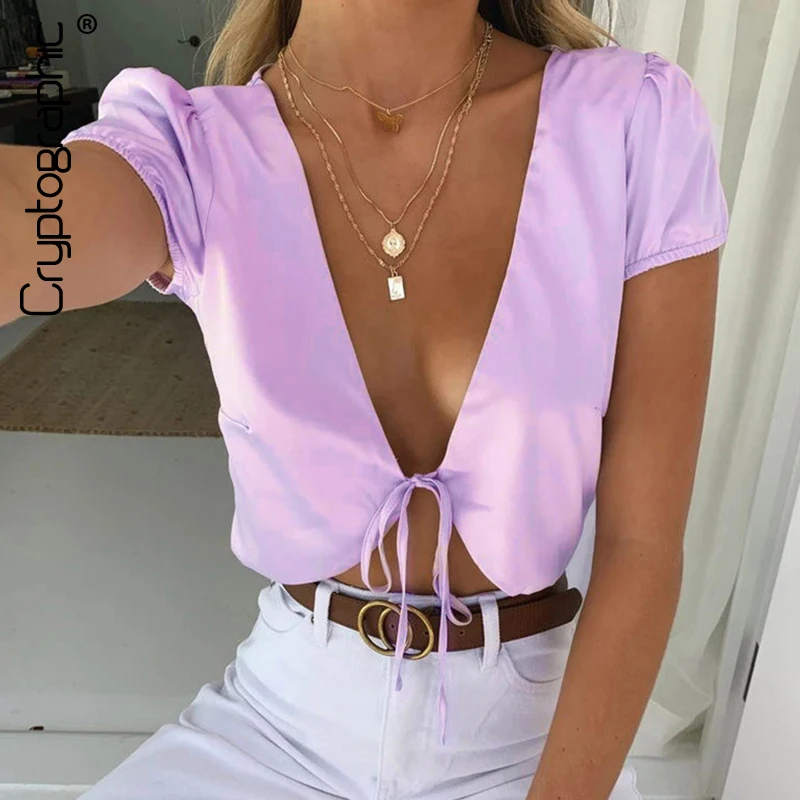 Cryptographic Satin Silk Sexy V-Neck Crop Top and Blouse Shirts Women Fashion Summer Shirt Sexy Thin Shirt Blouses Solid Cryptographic Satin Silk Sexy V-Neck Crop Top and Blouse Shirts Women Fashion Summer Shirt Sexy Thin Shirt Blouses Solid