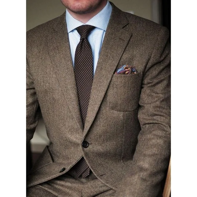 

2 PiecesTweed Vintage Men's Suits Wedding Groom Tuxedos Wool Herringbone British style Groomsman Formal Prom Party Suits