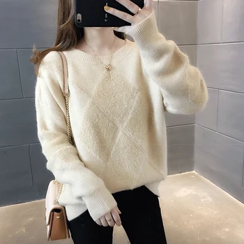 

Knitted Pullovers Women Autumn Winter Long Sleeve Geometric Pattern Loose Jumper Pull Solid Basic Female Sweater