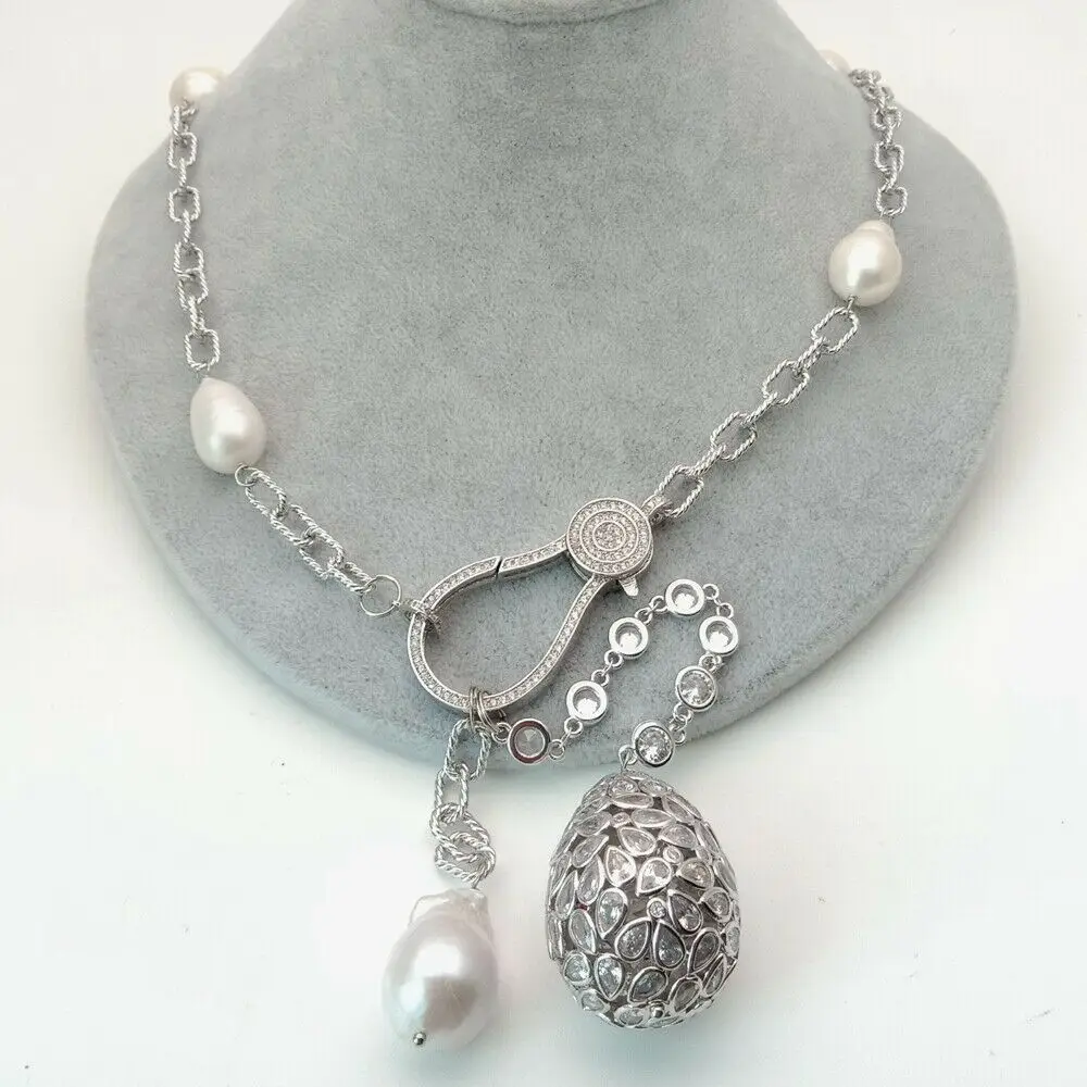 22'' Cultured White Rice Pearl CZ chain Necklace Keshi Pearl Cz Teardrop Pendant