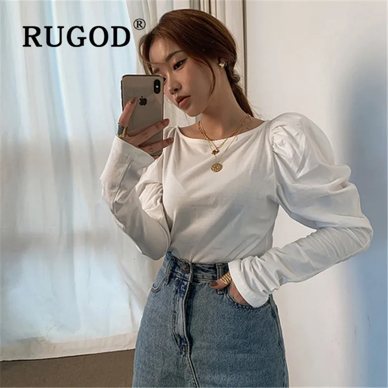 RUGOD, корейский стиль, стиль, шикарный, с пышными рукавами, с сборкой талии, элегантные, с длинным рукавом, одноцветные топы, Kpop одежда, мода