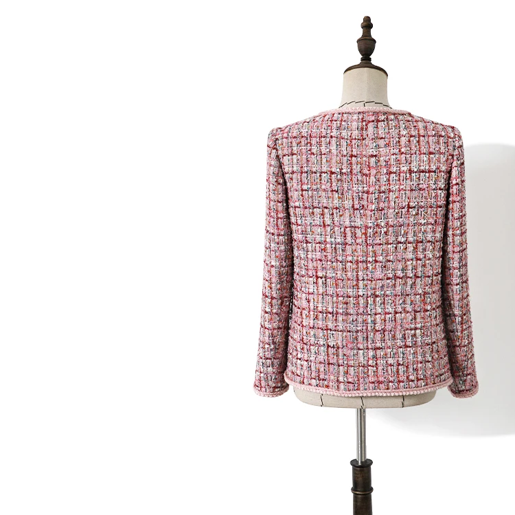 High Quality Women Pink Tweed Jacket Coat Runway Winter Ladies Long Sleeve Single Breasted Plaid Jackets Weave Female Outerwear