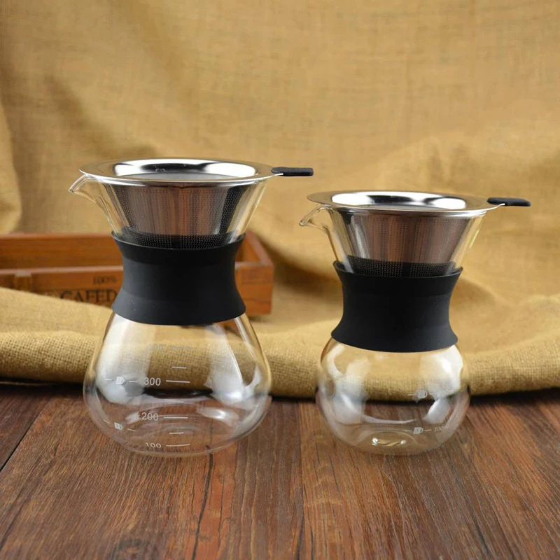 Многоразовый стеклянный кофейник, ручная кофеварка, фильтр для кофе из нержавеющей стали, прочный кофейник, кофейная посуда 200/400 мл
