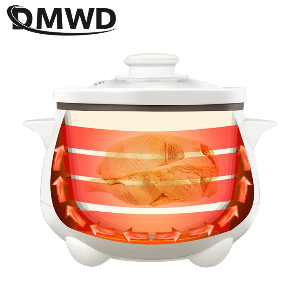 DMWD Household Electric Stewing Pot 1.2L Soup Pot Mini Slower Cooker Porridge Casserole White Porcelain Liner Breakfast Machine 5