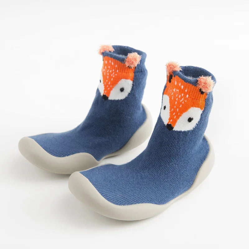Домашние носки для малышей; носки для новорожденных; сезон осень; махровые хлопковые носки для маленьких девочек с резиновой подошвой; забавные носки с изображением кота для младенцев - Color: Blue fox