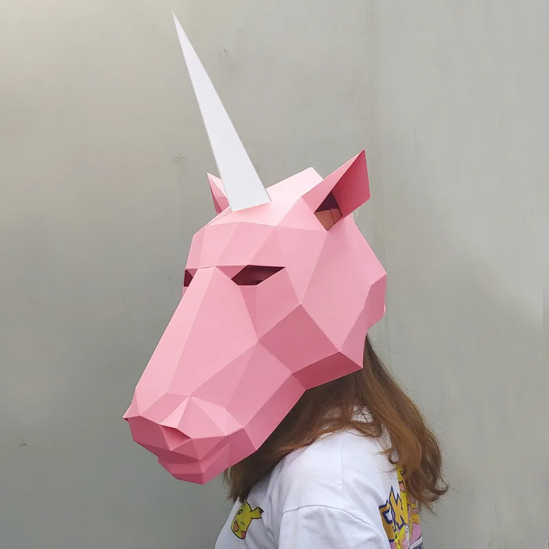 White Pink Unicorn 3D Paper Mask Headgear Card Model Building Sets DIY Building Construction Toys Paper Art Cosplay Party Gift (10)