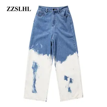 

2020 Casual Loose Painted Women Full Length Jeans High Waist Hit Color Denim trousers Wide Leg Pants For Female Tide