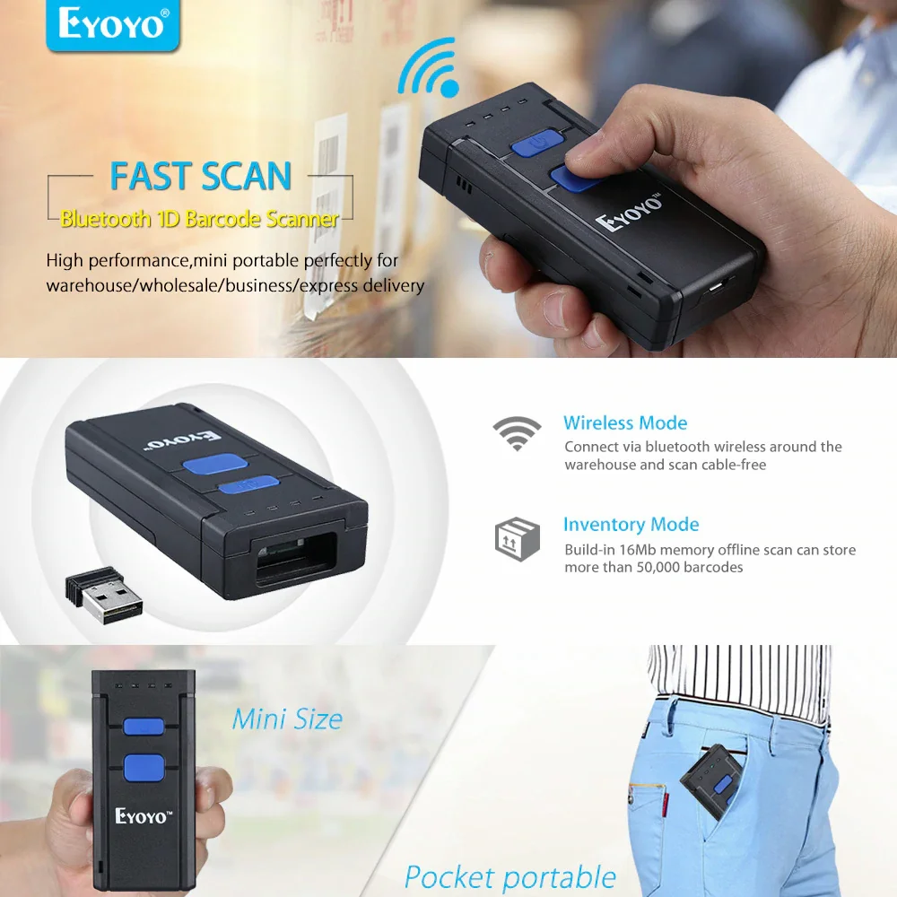 Barcode Scanner Eyoyo Wireless Bluetooth 1D Barcode Scanner Mini Laser Code Reader 2.4G Wireless & Wired Pocket Bar Code Gun IOS Android Windows