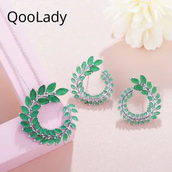 

QooLady Fashion Marquise Cut Green Cubic Zirconia Austrian Crystal Leaf Women Pendant Necklaces and Earrings Jewelry Set Z005