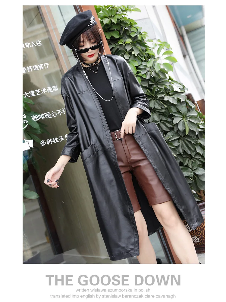 Genuine Leather Trench Elegant V Neck Single Button Sheepskin X-Long Coat Women Autumn Winter Casual Office Lady Plus Outwear
