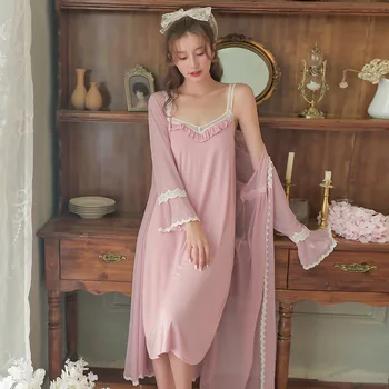 

Autumn Women Cotton Nightwear Two-piece Lace Ruffle Sling Nightdress Loose Long-sleeve V-neck Casual Home Princess Nightgown