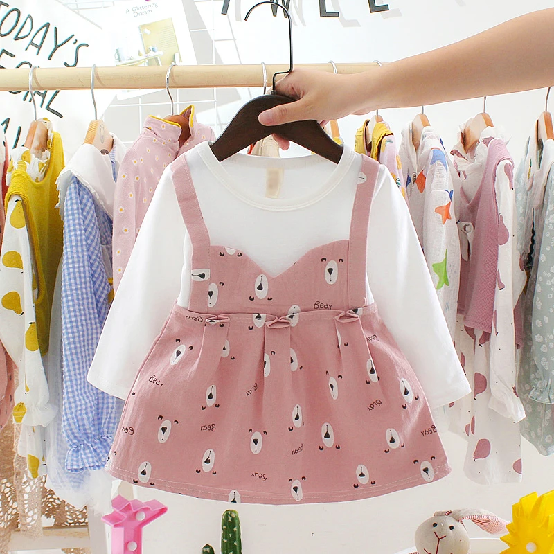 Spring Autumn New Baby Kids Girls Cotton Long-Sleeved Dress Cute Cartoon Bear Print Fake Two-piece Round Neck Comfortable Dress