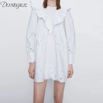 

2020 Summer Sexy White Hollow Embroidery Mini Dress Women Elegant Ruffles Long Sleeve A-Line Party Dresses Ladies Shirt Vestidos
