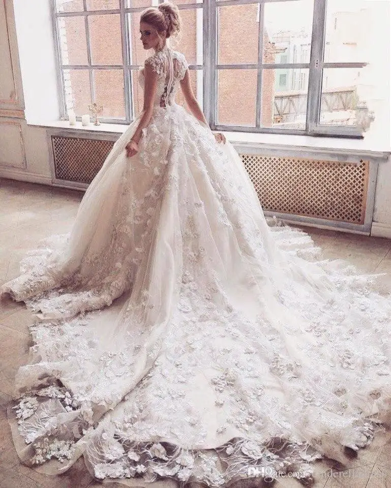 Vestido De Noiva великолепное свадебное платье трапециевидной формы из Саудовской Аравии роскошное 3D цветочное кружевное длинное свадебное платье Винтаж свадебное платье