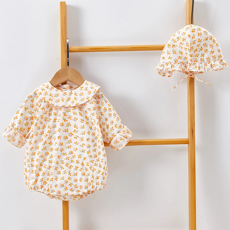 New 2022 Spring Autumn 2022Baby Girl Floral Rompers And Hat Baby Girl Long Sleeves Rompers Baby Girl Newborn Rompers Clothes Baby Jumpsuit Cotton  Baby Rompers