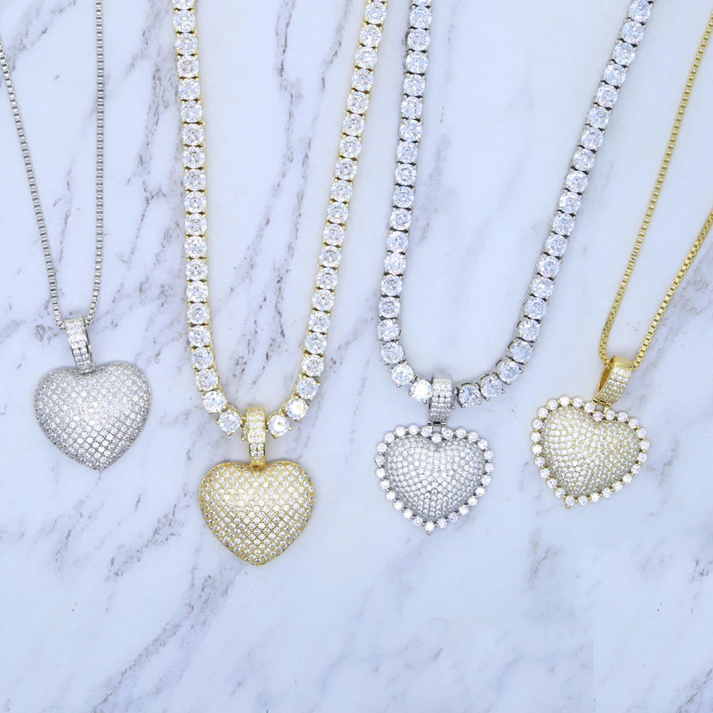 Sparking Bling 5A Crystal Paved Heart Charm Pendant Hip Hop Love Necklace for Women Men 5MM Cz Tennis Chain Jewelry Drop Ship