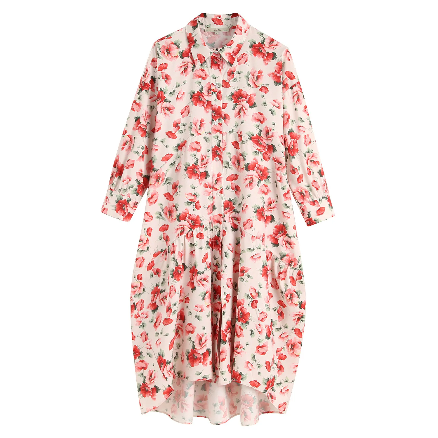 

2019 Spring New European And American-Style Loose-Fit Flower Printed Ninth Sleeve Fold-down Collar Single Breasted Shirt Dress