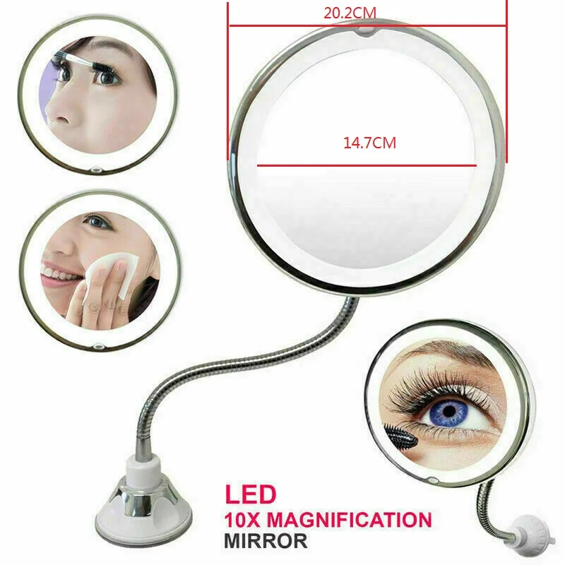 Vanity Makeup Mirror LED Light 10X Magnifying Mirror 360 Degree Rotation Flexible Suction Cup For Wall Mirror Portable Mirror