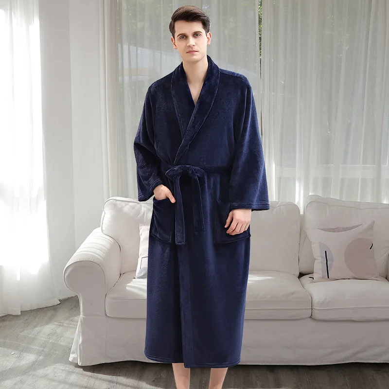 man navy blue Темно-синий длинный фланелевый Халат зимний теплый купальный халат в клетку уютные велюровые кимоно халаты ночной халат для влюбленных; одежда для сна - Цвет: man navy blue