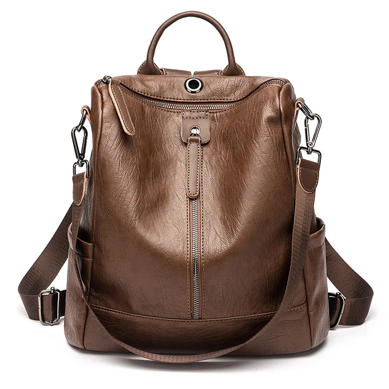 Single Zipper Coffee Женский рюкзак mochila feminina, повседневный многофункциональный женский кожаный рюкзак, женская сумка через плечо, сумка для путешествий - Цвет: Single Zipper Coffee