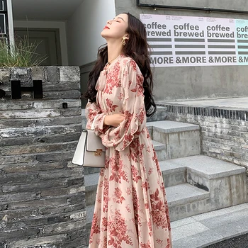 

Korean Chic Dress 2020 Spring Autumn Women Dress Bow Floral Printed Bohemia Elastic-Waisted Long Sleeve Chiffon Vestidos Mujer