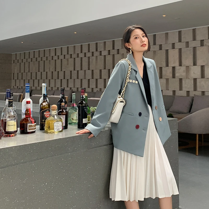 Женский двубортный пиджак синий Повседневный для офиса осени 2019|Пиджаки| |